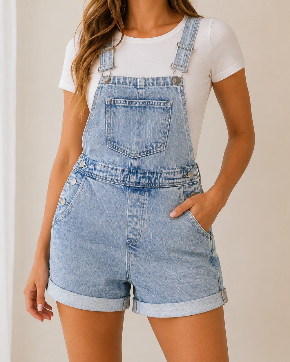 Light Wash Denim Overall Shorts Women XS Acid Wash Cuffed Shortalls Adjustable - Picture 1 of 8